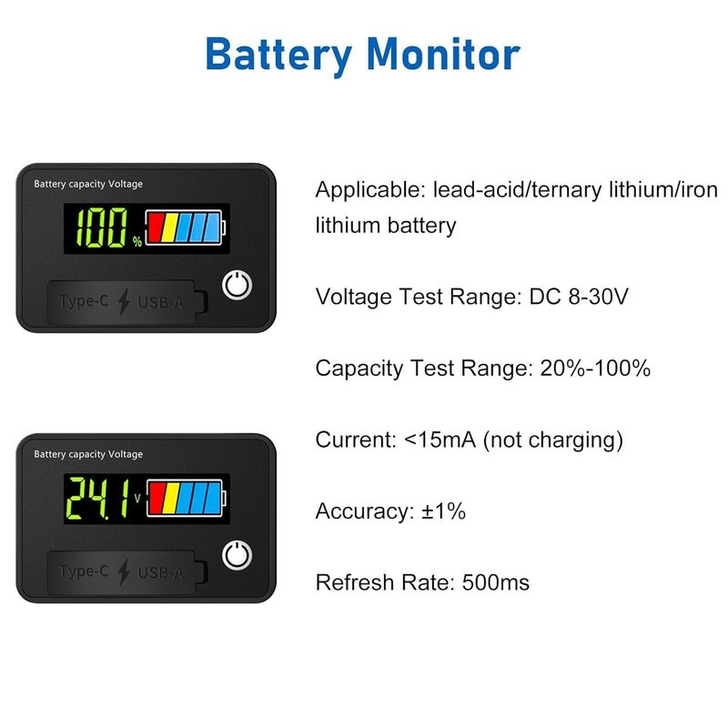 Linkstyle Battery Voltage Meter, DC 12V Voltmeter with Battery Monitor Capacity Tester USB Outlet, Digital Display Voltage Gauge Replacement - Image 3